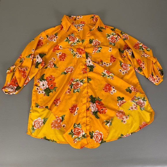 Mileage Blouse Top Button Down Hi-Low Women's 3X Gold Floral Print 3/4 Sleeve - Picture 1 of 11